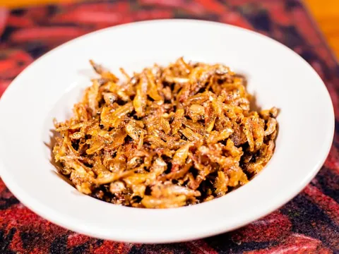 Crispy fried small fish in a white bowl